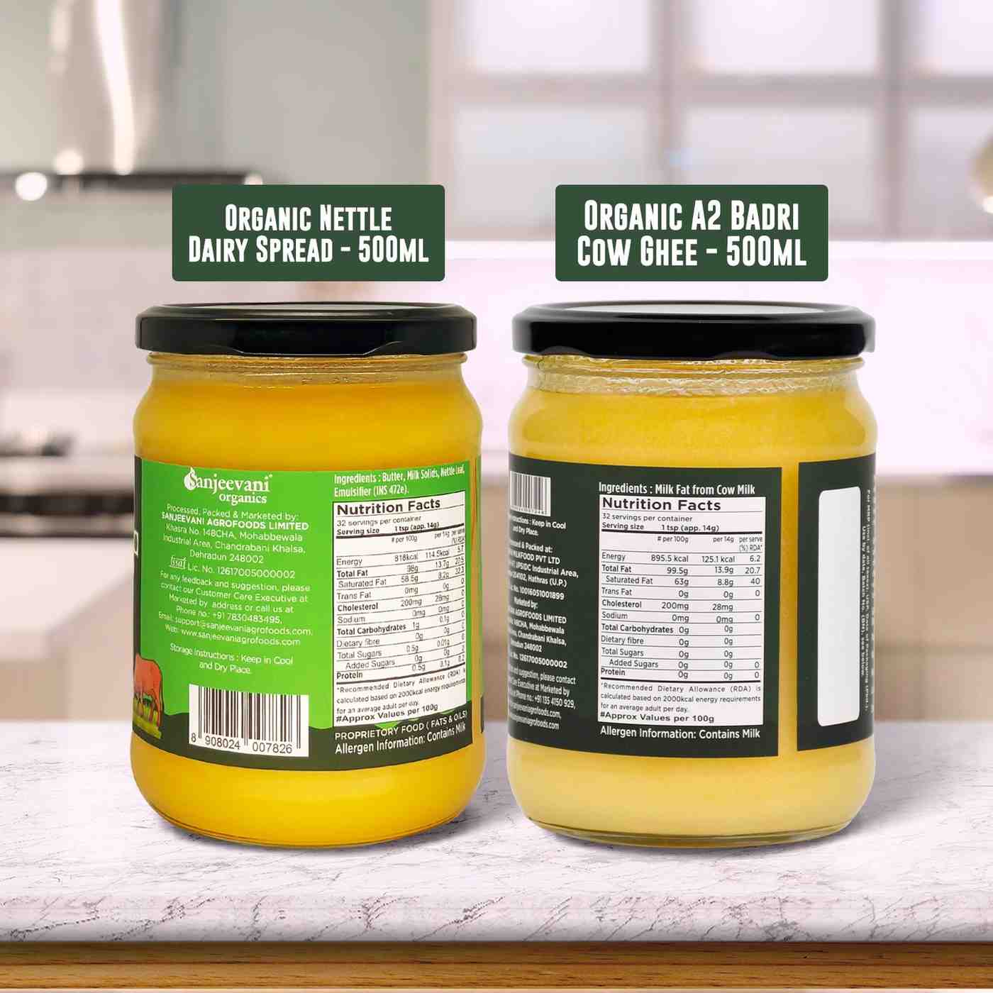 Barsana Magic and Two jars of organic dairy products on a kitchen counter with labels.