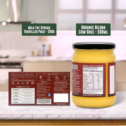 Barsana Magic and Jar of Organic Bilona cow ghee with labels on a kitchen counter