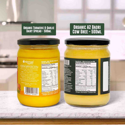 Barsana Magic and Two jars of organic dairy products on a kitchen counter with labels.