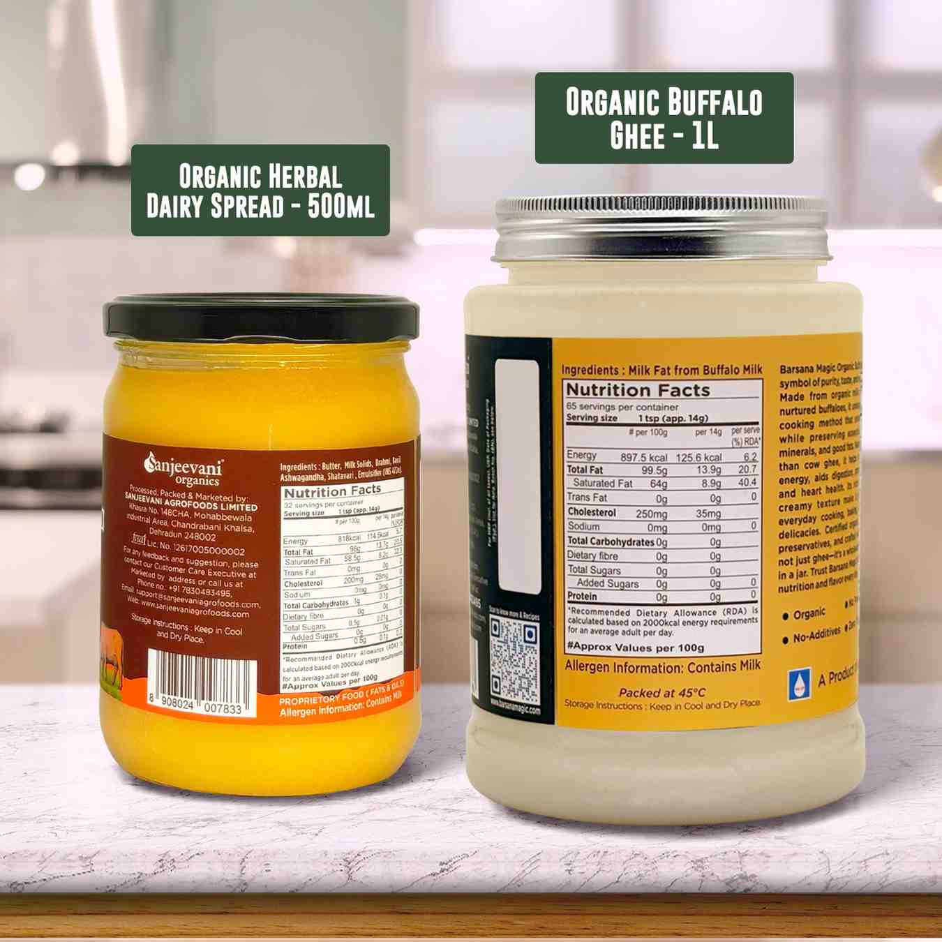 Barsana Magic and  Two jars of organic dairy products on a kitchen counter