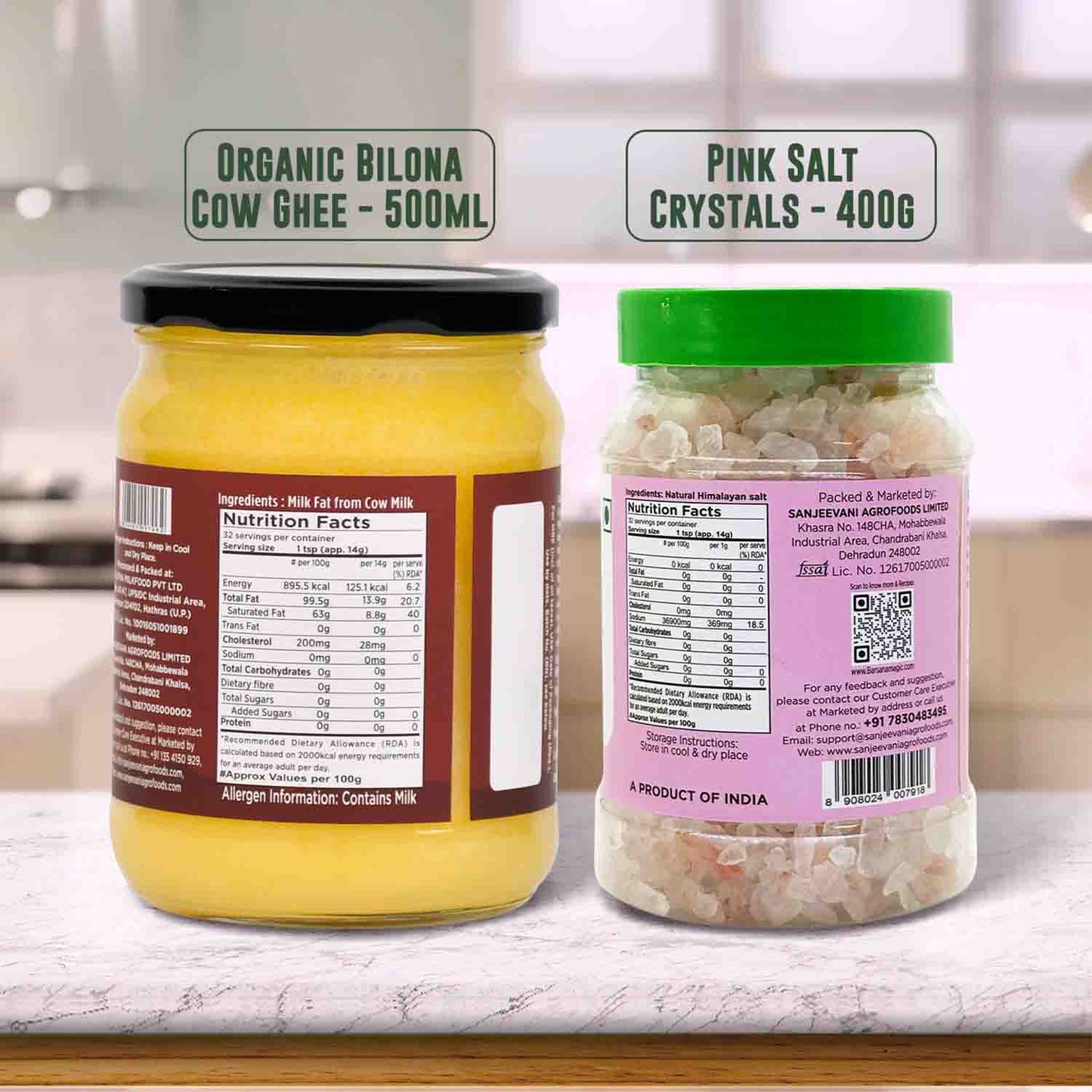 Barsana Magic and  Two jars labeled 'Organic Bilona Cow Ghee' and 'Pink Salt Crystals' on a kitchen counter.