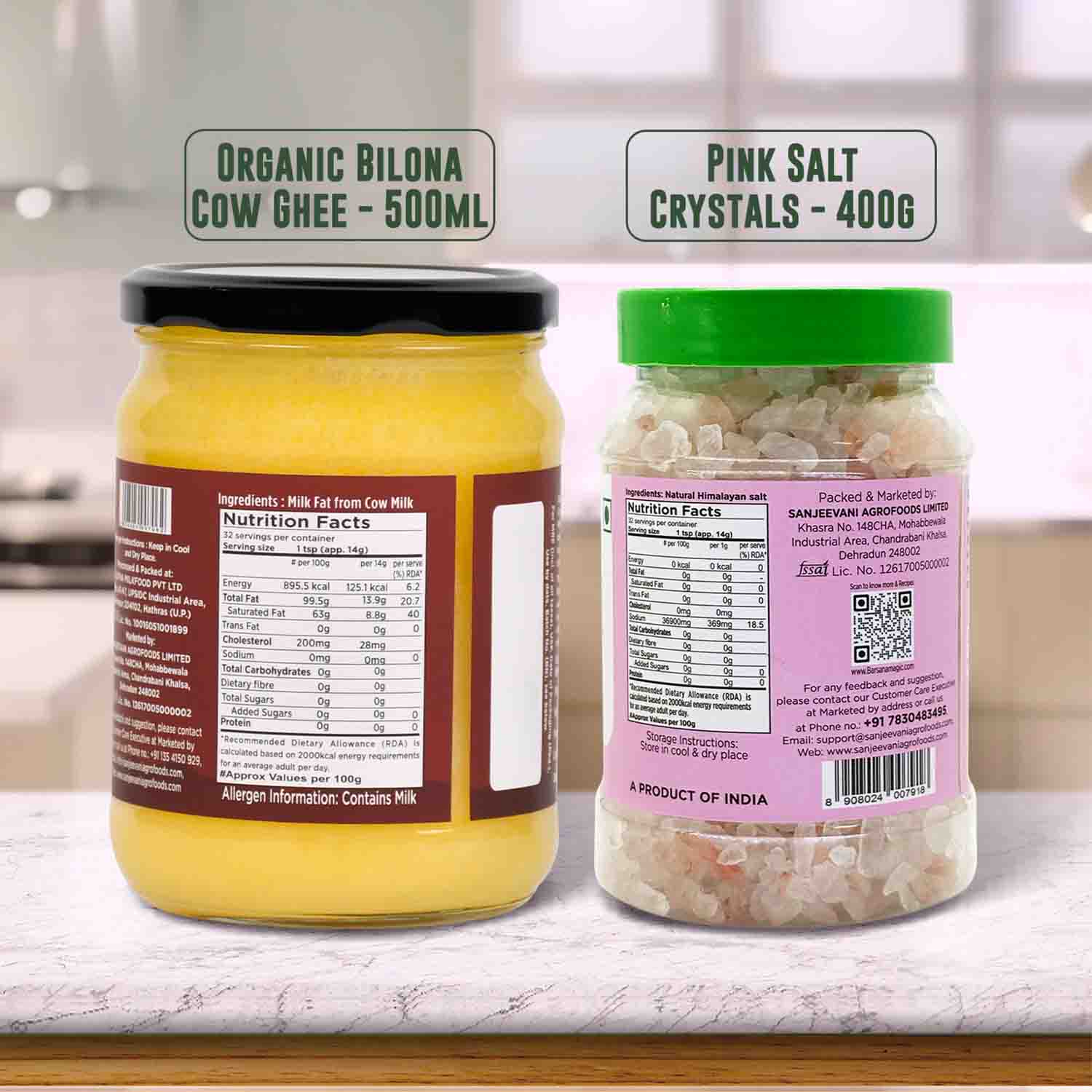 Barsana Magic and  Two jars labeled 'Organic Bilona Cow Ghee' and 'Pink Salt Crystals' on a kitchen counter.