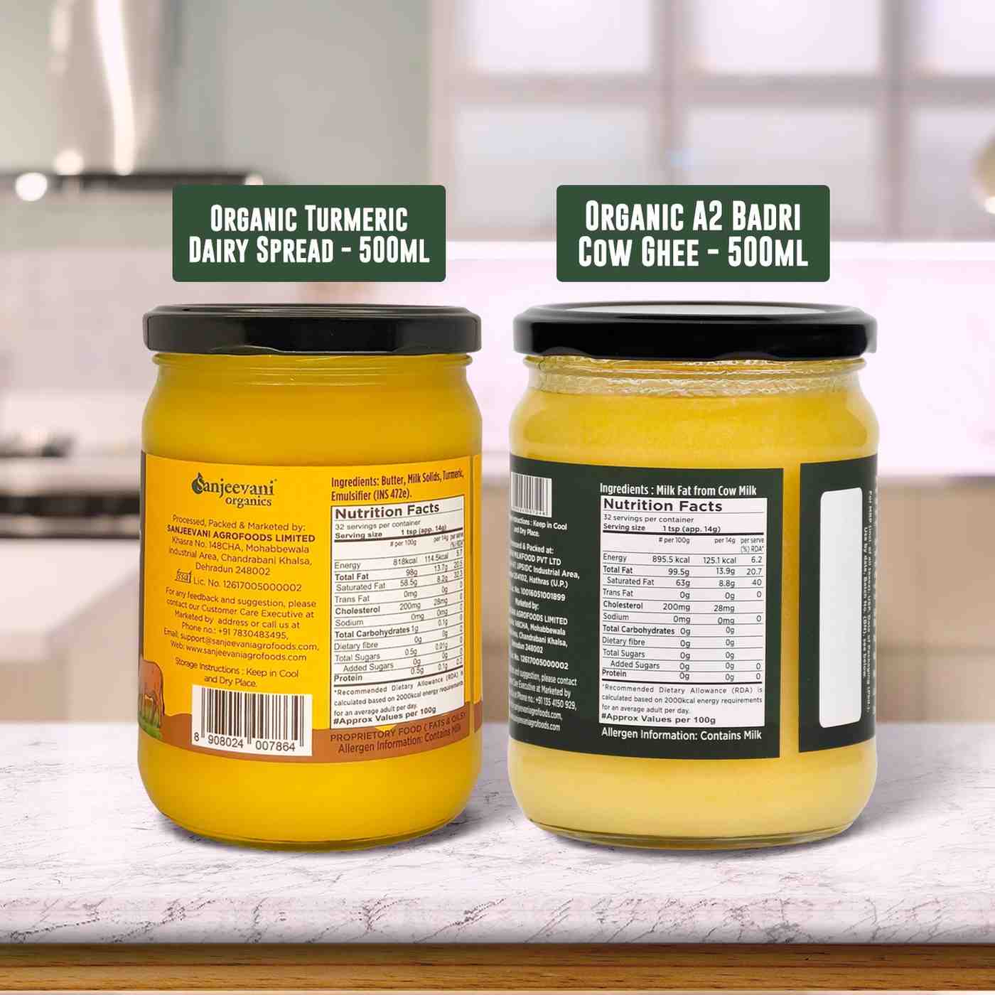 Barsana Magic and Two jars of organic dairy products on a kitchen counter with labels.