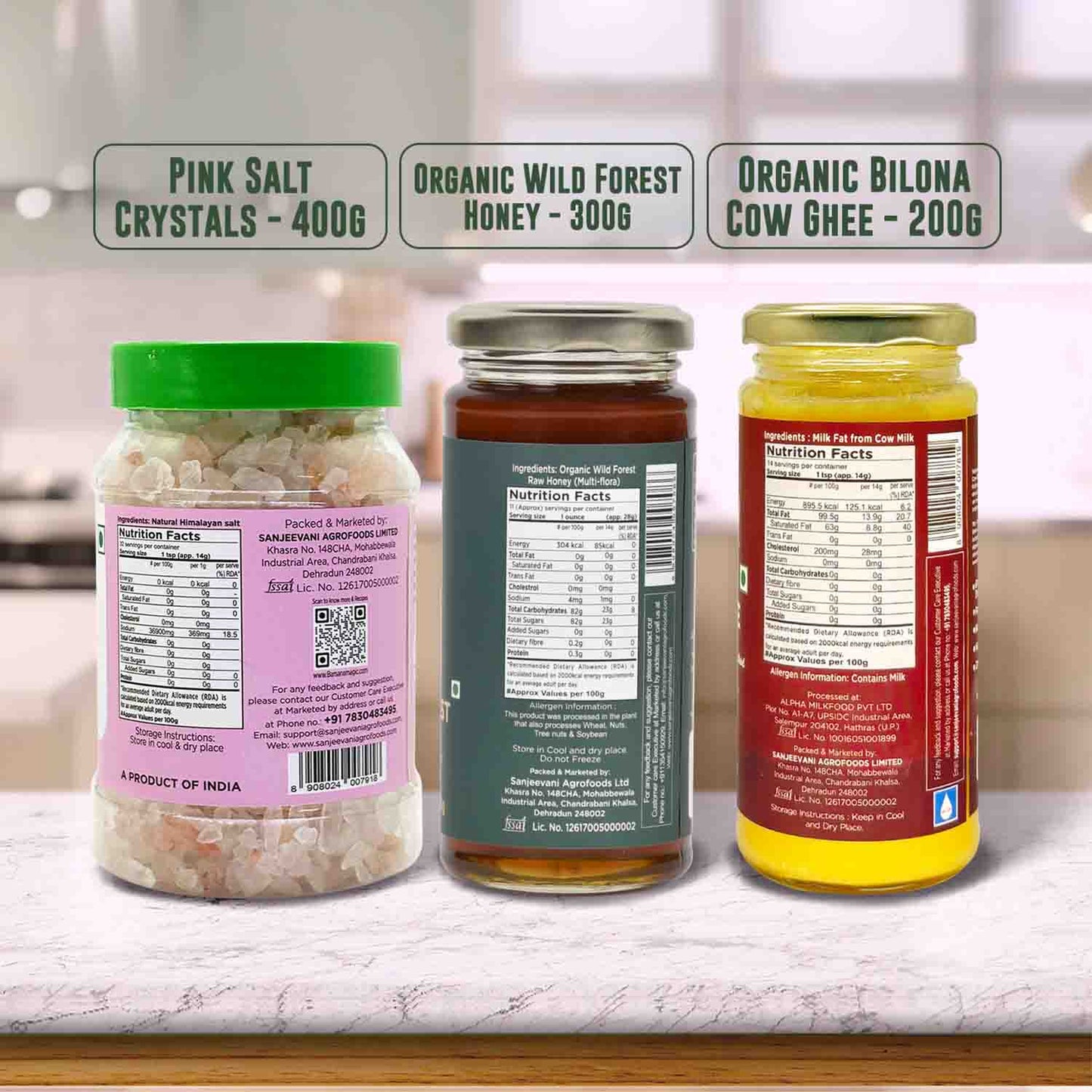 Barsana Magic and Three jars of different products with labels on a kitchen counter