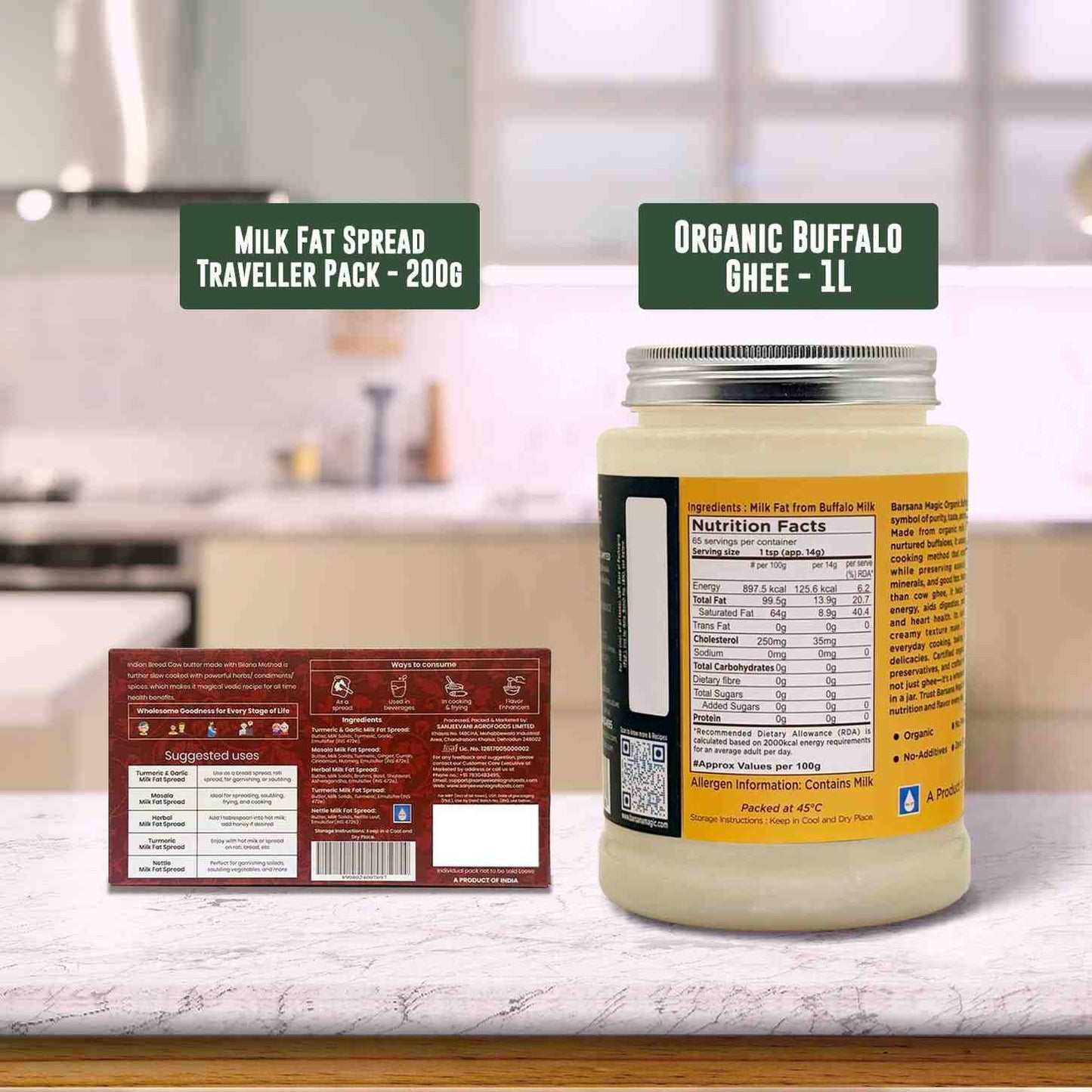 Barsana Magic and Jars of milk fat spread and organic buffalo ghee with labels on a kitchen counter.