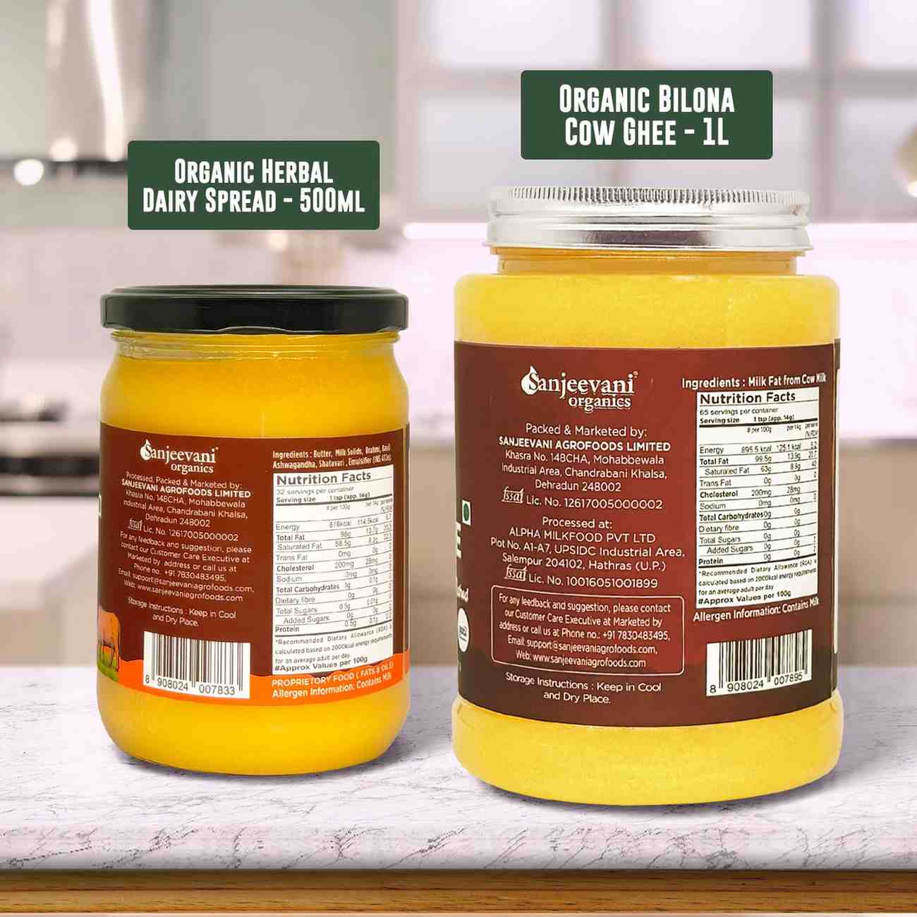 Barsana Magic and Two jars of Sanjeevani Organics products on a kitchen counter.