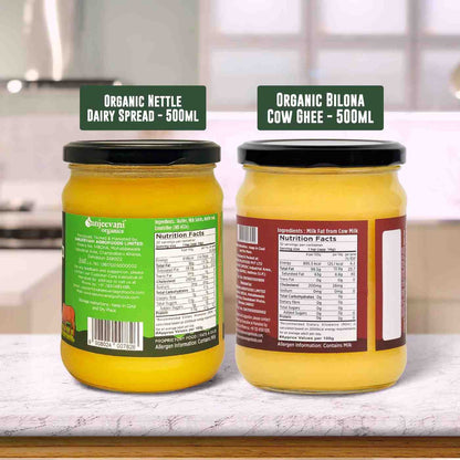 Barsana Magic and Two jars of organic dairy products on a kitchen counter with labels.