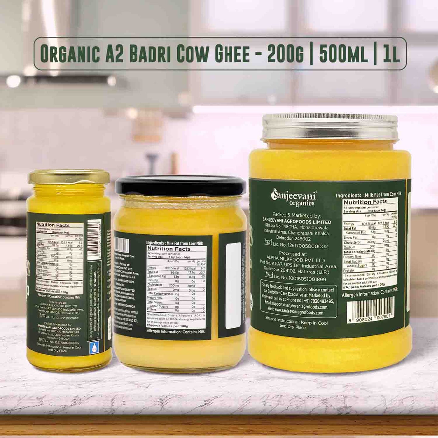 Barsana Magic and Three jars of organic A2 Badri Cow Ghee with labels on a kitchen counter.
