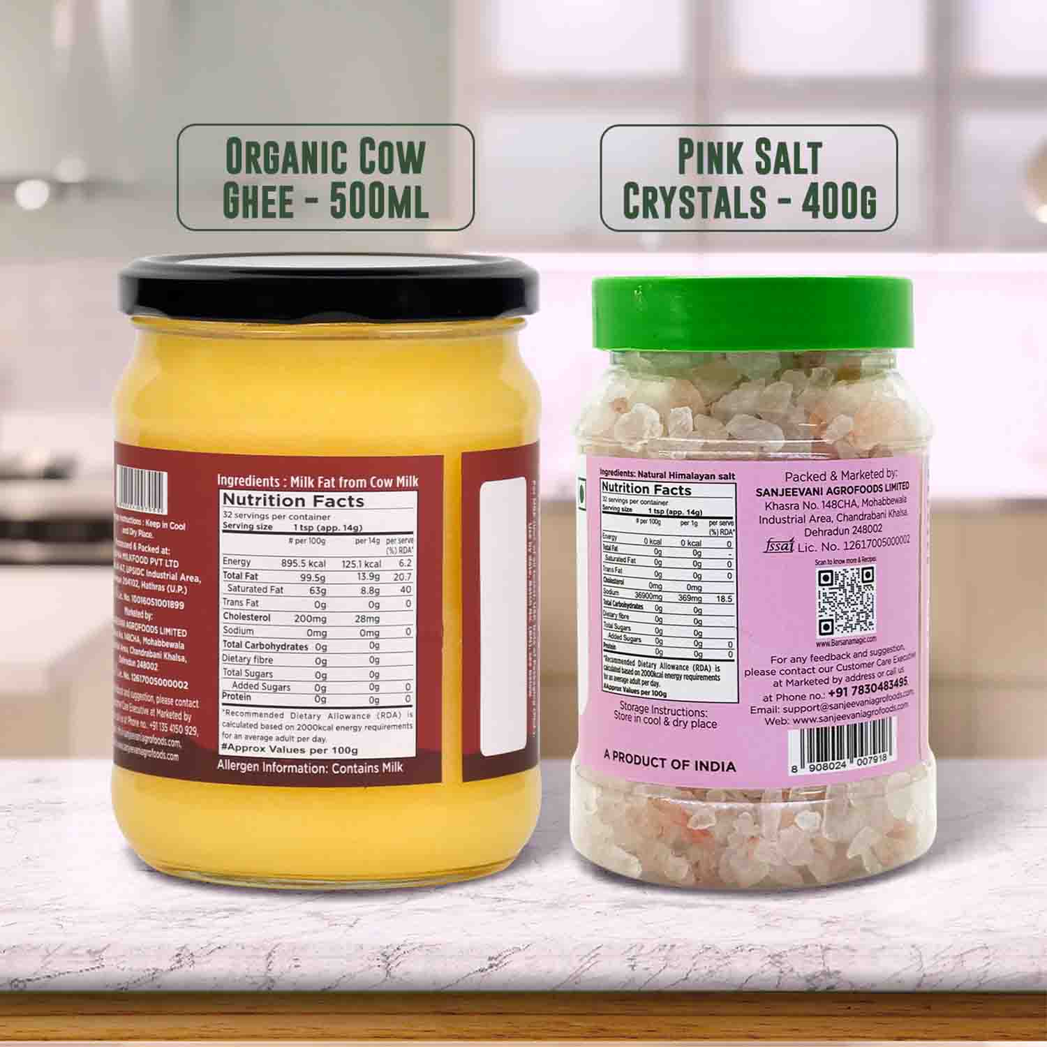Barsana Magic and Two jars labeled 'Organic Cow Ghee' and 'Pink Salt Crystals' on a kitchen counter.