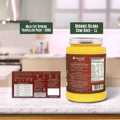 Barsana Magic and Bottle of Sanjeevani Organic Biltona Cow Ghee on a kitchen counter with labels for Milk Fat Spread and Ghee.