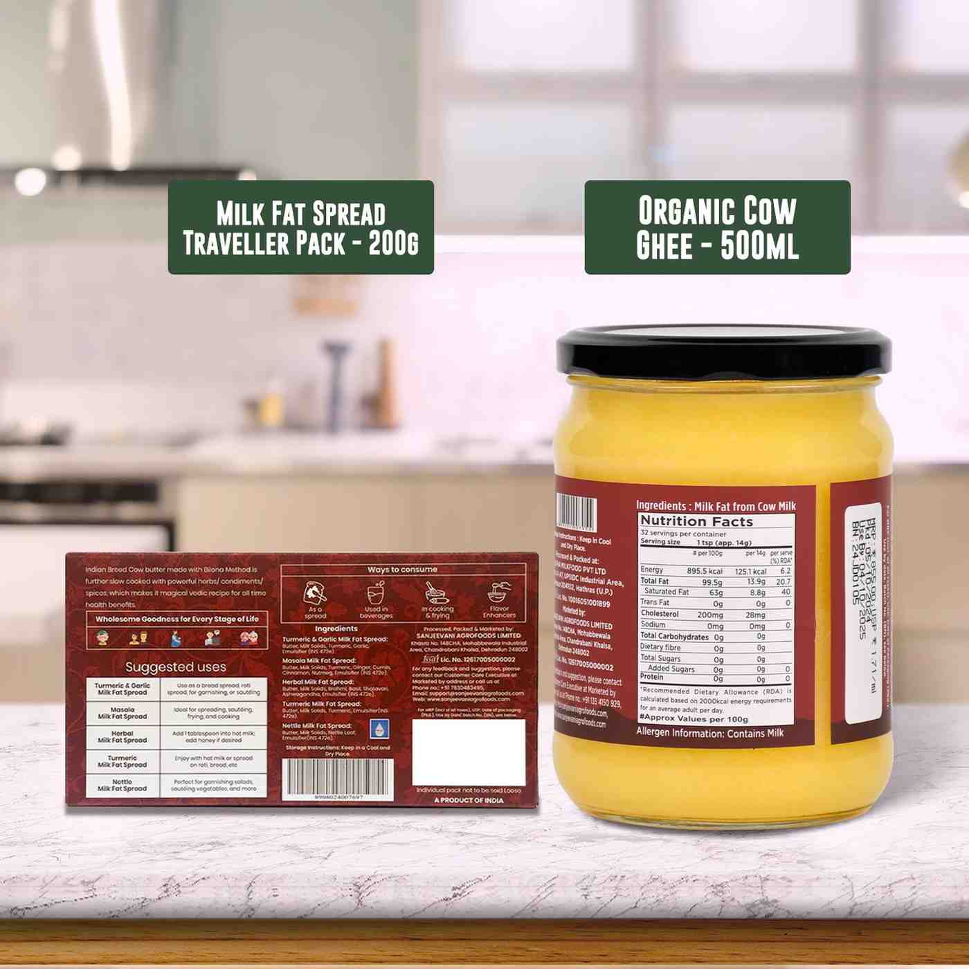 Barsana Magic and Jar of organic cow ghee with labels on a kitchen counter