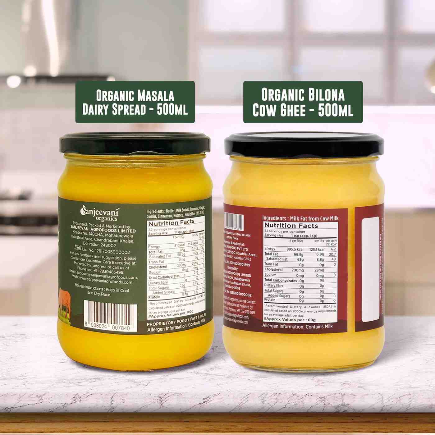 Barsana Magic and Two jars of organic dairy products on a kitchen counter with labels.