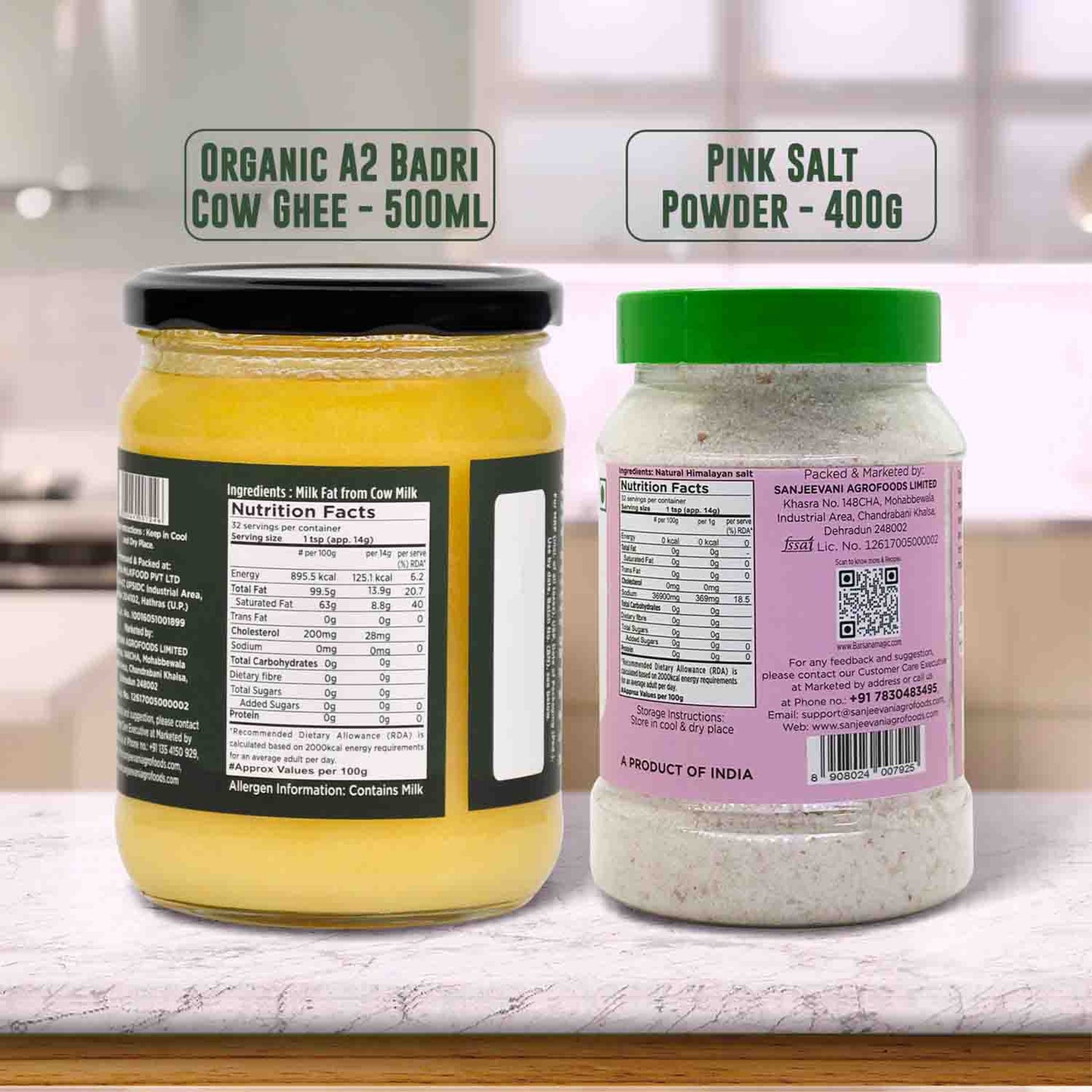Barsana Magic and Two jars labeled 'Organic A2 Badri Cow Ghee' and 'Pink Salt Powder' on a kitchen counter.