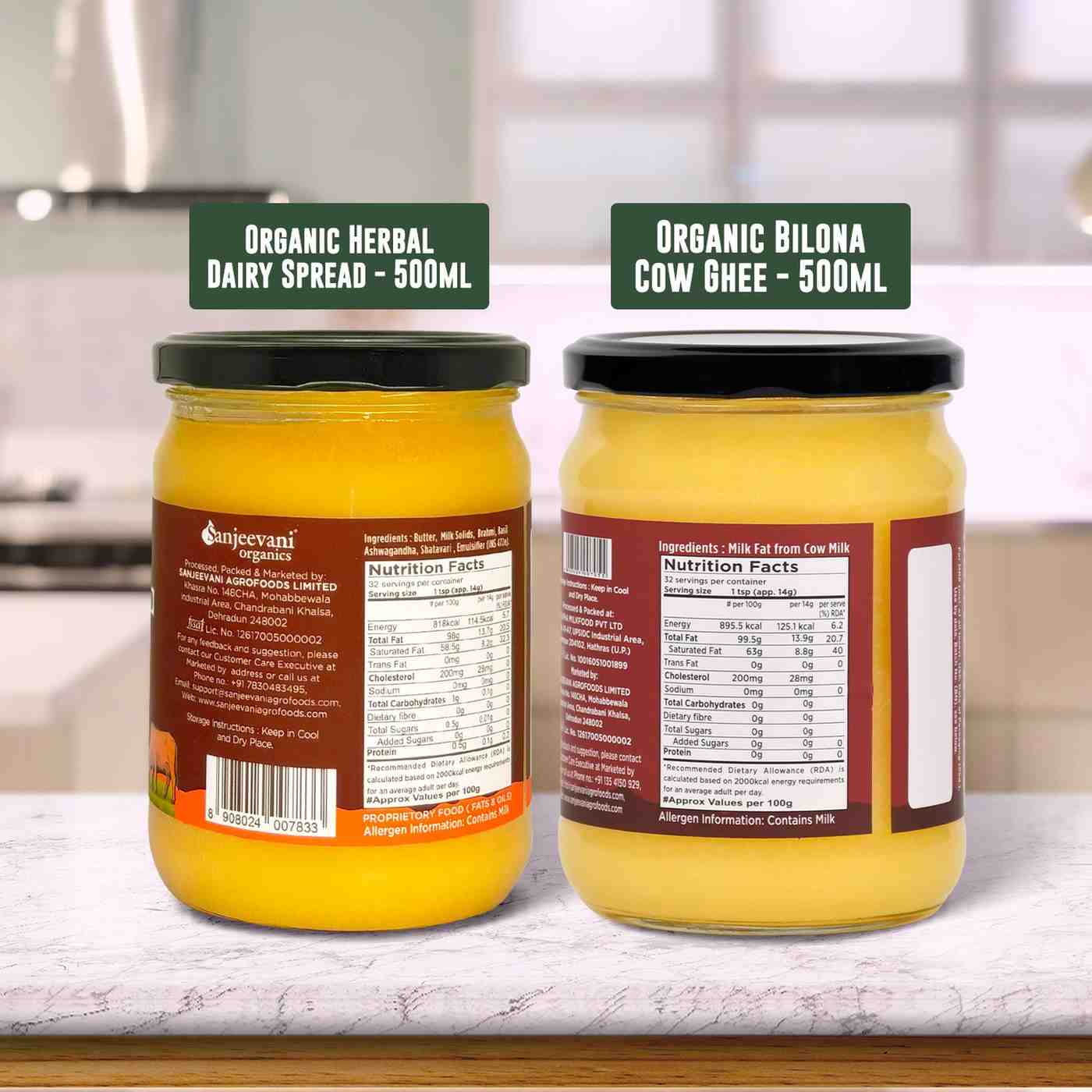 Barsana Magic and Two jars of organic dairy products on a kitchen counter with labels.