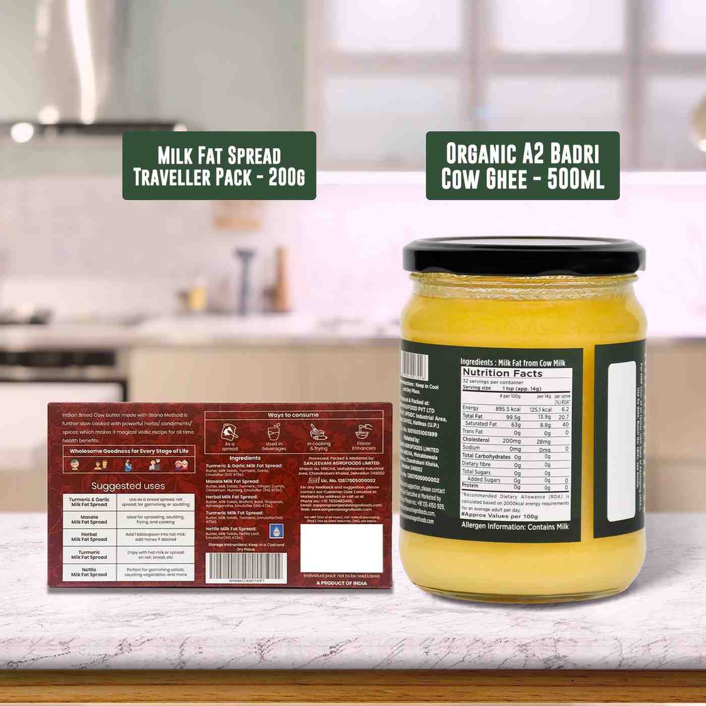 Barsana Magic and Jar of ghee with labels on a kitchen counter