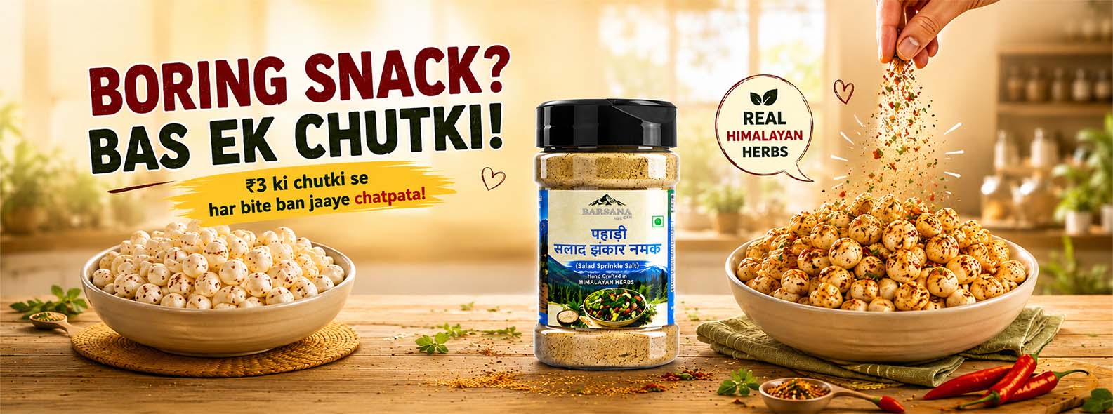 Barsana Magic and A jar of Indian chutki snack mix is shown on a wooden table with bowls of prepared popcorn on each side. A hand is sprinkling seasoning from the jar.
