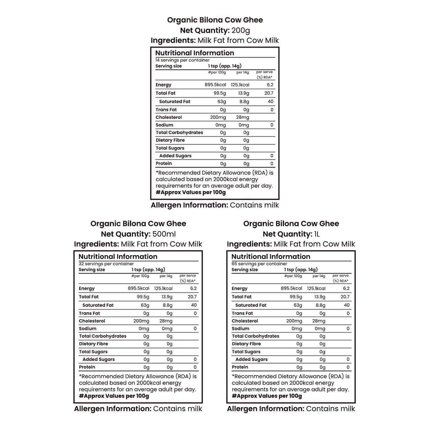 Barsana Magic and Nutritional information and ingredient list for Organic Bilona Cow Ghee on a white background