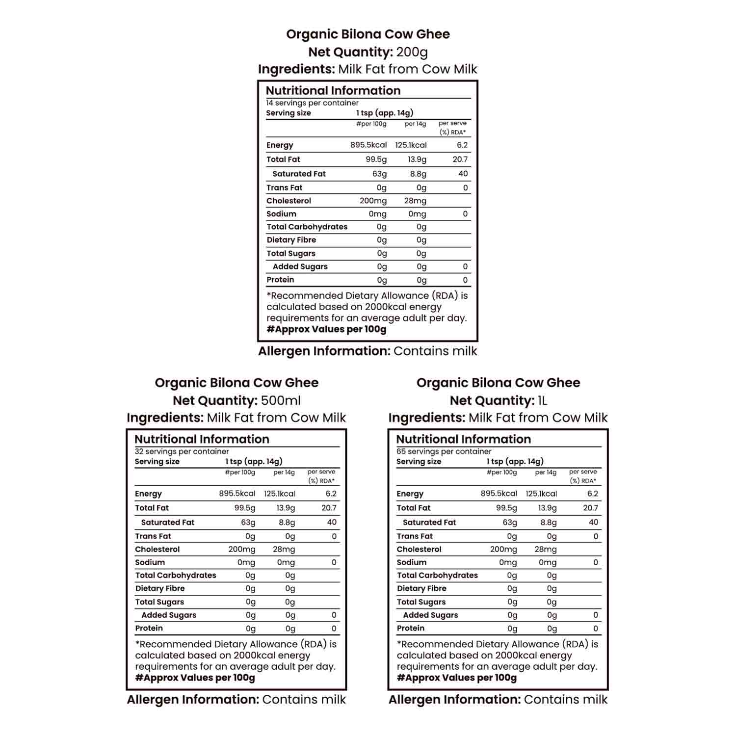 Barsana Magic and Nutritional information and ingredient list for Organic Bilona Cow Ghee on a white background