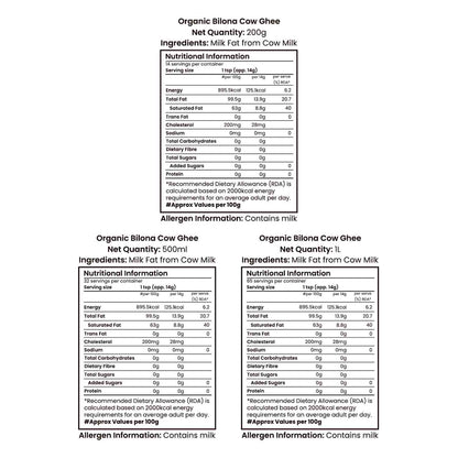 Barsana Magic and Nutritional information and ingredient list for Organic Bilona Cow Ghee on a white background