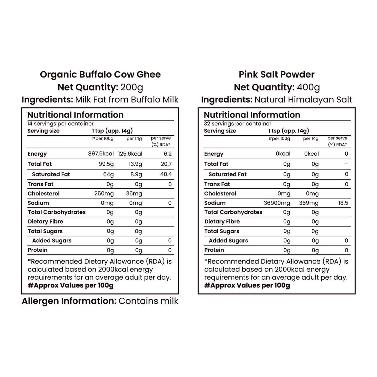 Barsana Magic and Nutritional information labels for Organic Buffalo Cow Ghee and Pink Salt Powder on a white background.