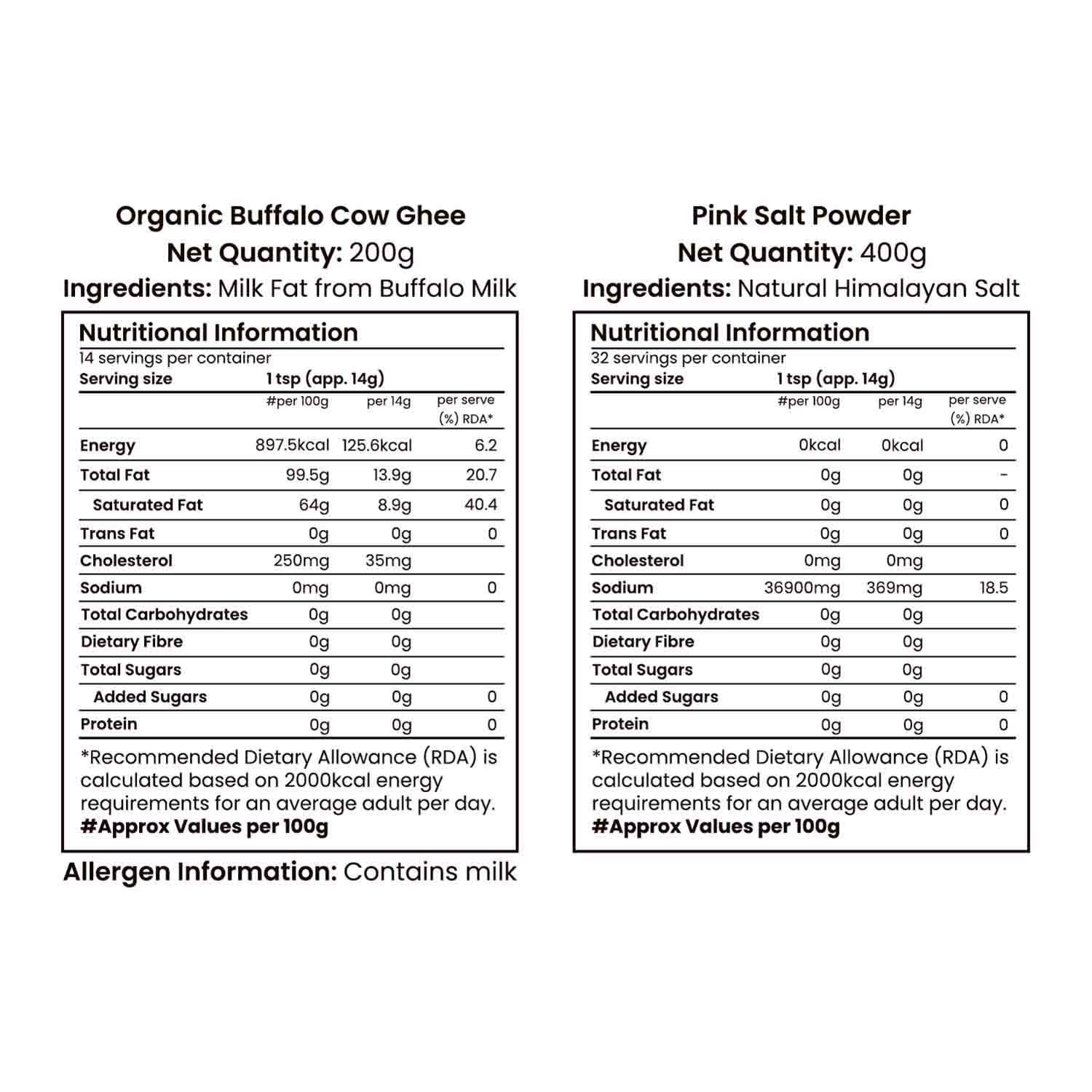 Barsana Magic and Nutritional information labels for Organic Buffalo Cow Ghee and Pink Salt Powder on a white background.