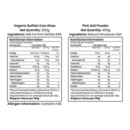 Barsana Magic and Nutritional information labels for Organic Buffalo Cow Ghee and Pink Salt Powder on a white background.