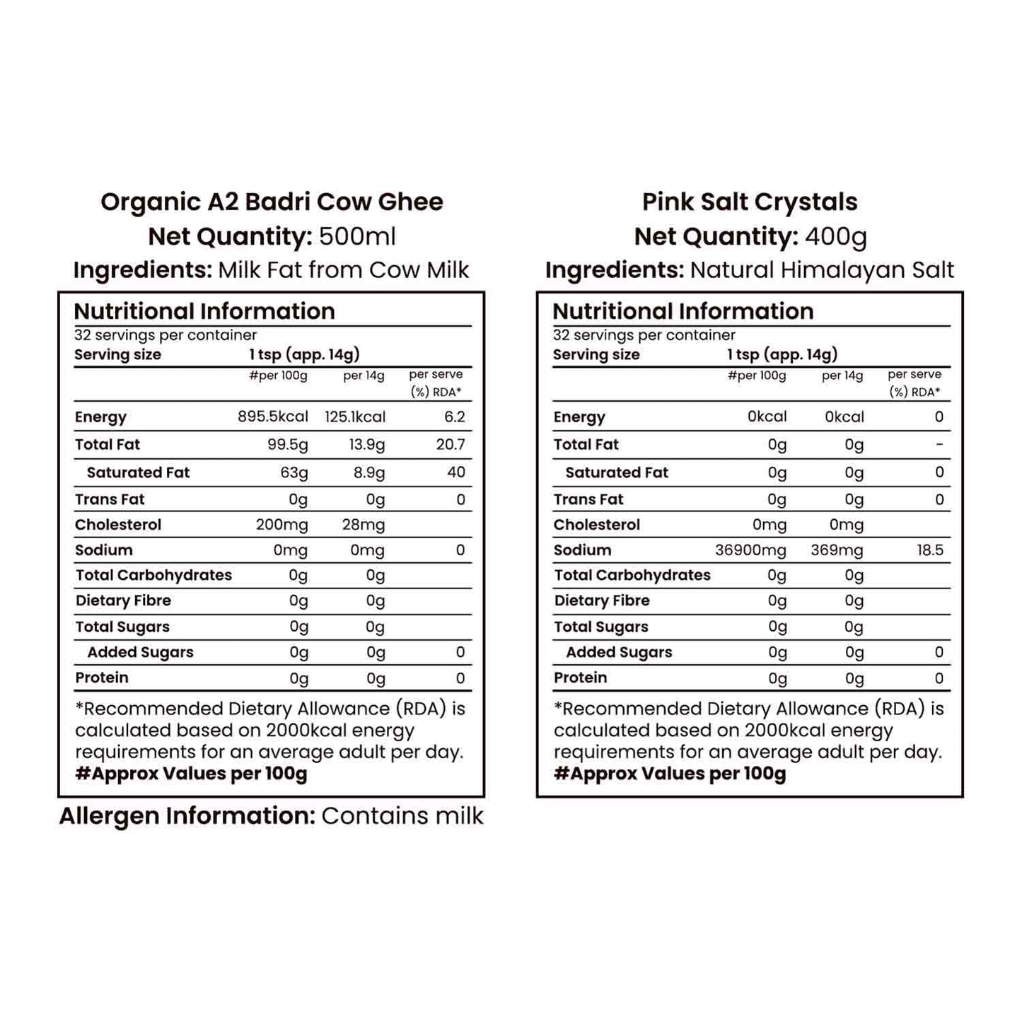 Barsana Magic and Nutritional information labels for Organic A2 Badri Cow Cow Ghee and Pink Salt Crystals on a white background.