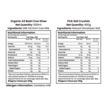Barsana Magic and Nutritional information labels for Organic A2 Badri Cow Cow Ghee and Pink Salt Crystals on a white background.