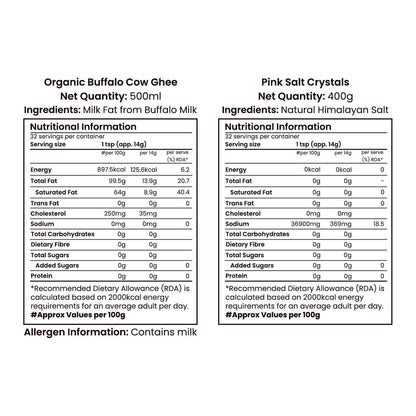 Barsana Magic and Nutritional information labels for Organic Buffalo Cow Ghee and Pink Salt Crystals on a white background.