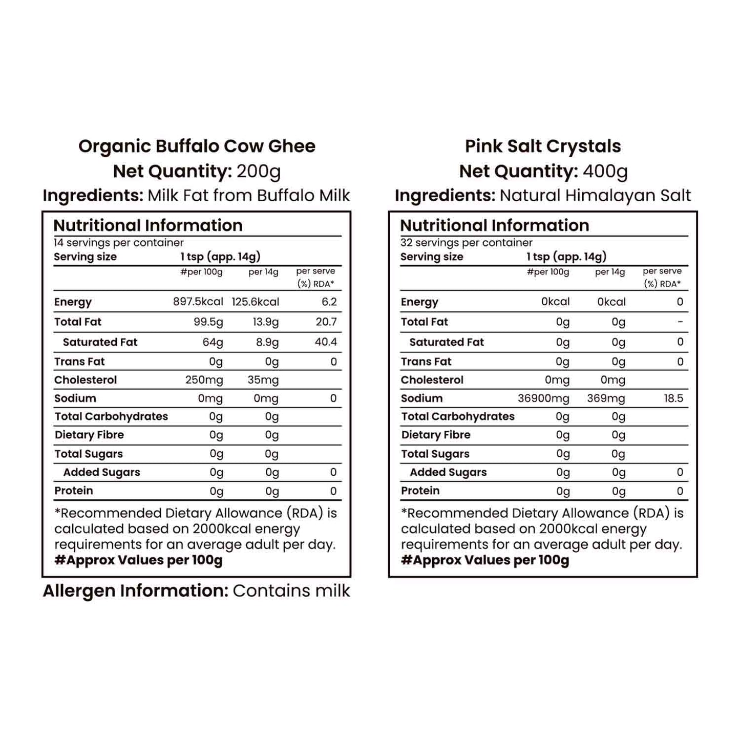Barsana Magic and Nutritional information labels for Organic Buffalo Cow Ghee and Pink Salt Crystals on a white background.