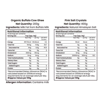 Barsana Magic and Nutritional information labels for Organic Buffalo Cow Ghee and Pink Salt Crystals on a white background.