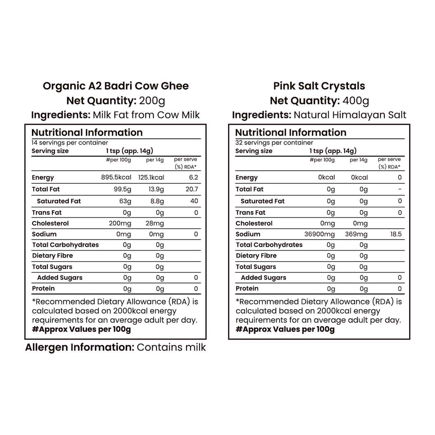 Barsana Magic and Nutritional information labels for Organic A2 Badri Cow Cow Ghee and Pink Salt Crystals on a white background.