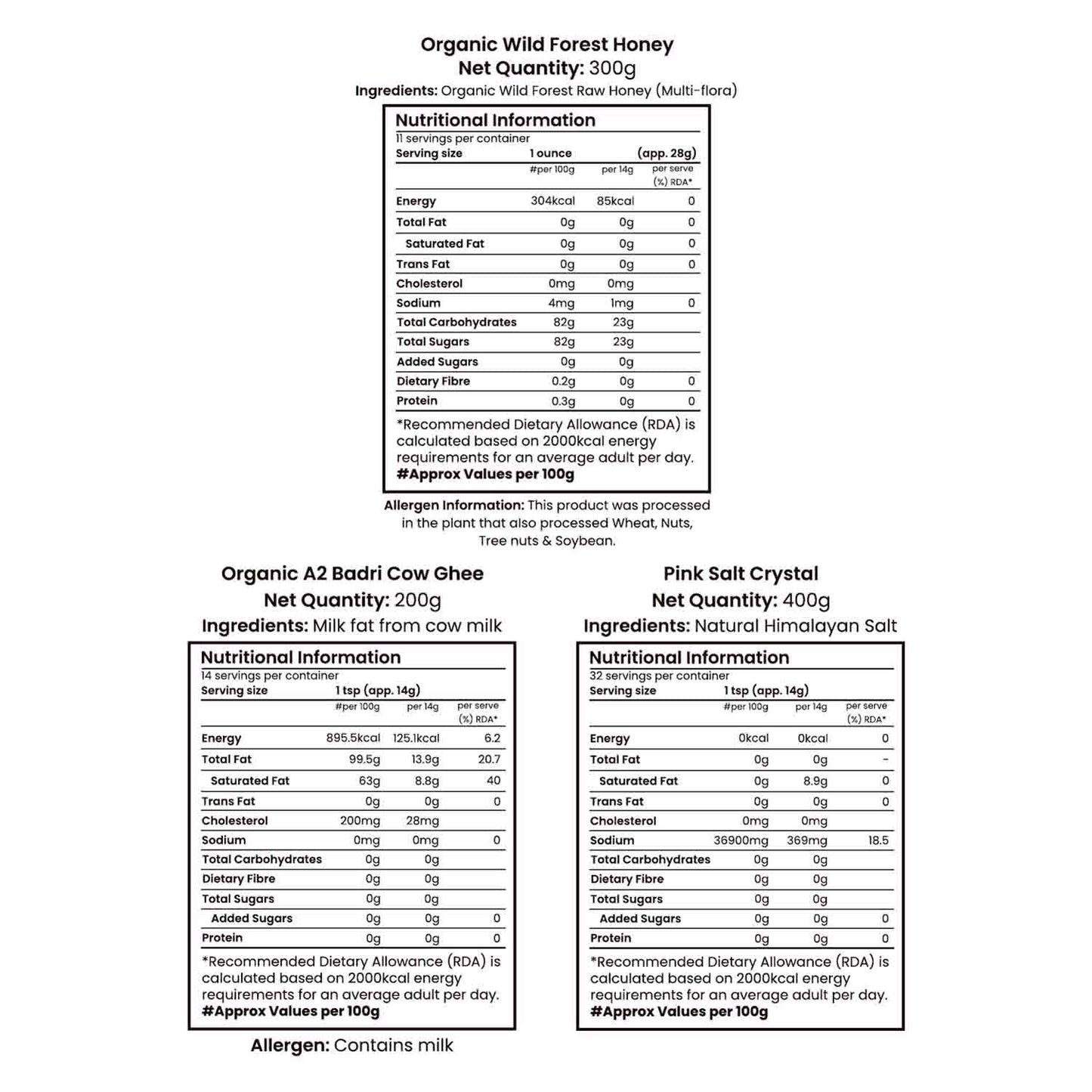 Barsana Magic and Nutritional information labels for Organic Wild Forest Honey, Organic A2 Badri Cow Ghee, and Pink Salt Crystal on a white background.
