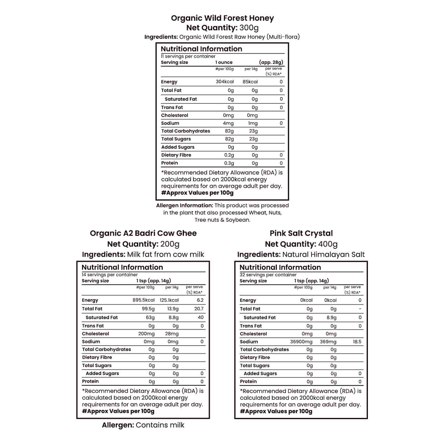 Barsana Magic and Nutritional information labels for Organic Wild Forest Honey, Organic A2 Badri Cow Ghee, and Pink Salt Crystal on a white background.