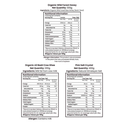 Barsana Magic and Nutritional information labels for Organic Wild Forest Honey, Organic A2 Badri Cow Ghee, and Pink Salt Crystal on a white background.