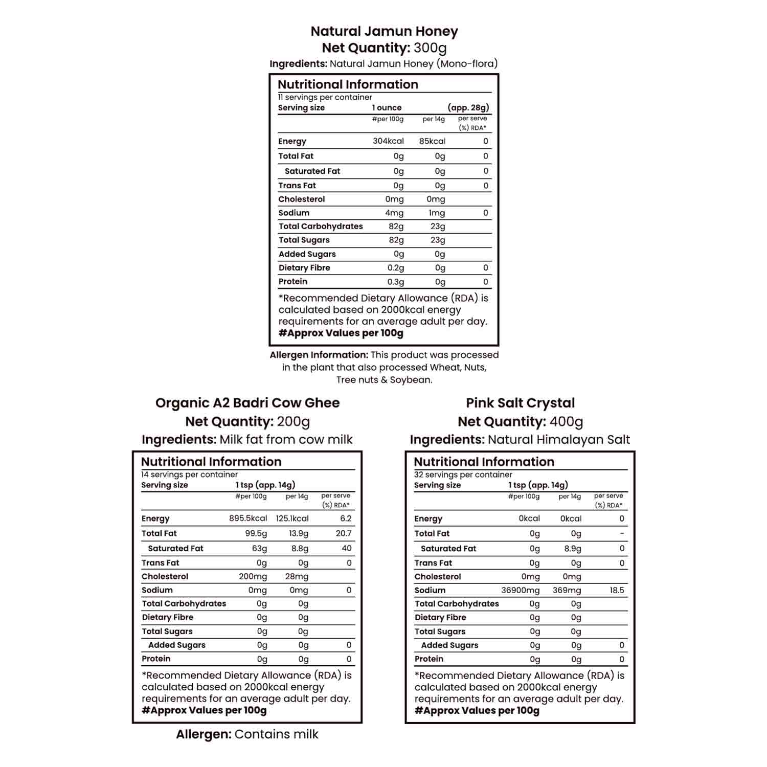 Barsana Magic and Nutritional information labels for Jamun Honey, Cow Ghee, and Pink Salt Crystal on a white background.