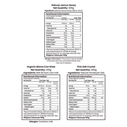 Barsana Magic and Nutritional information labels for Jamun Honey, Cow Ghee, and Pink Salt Crystal on a white background.