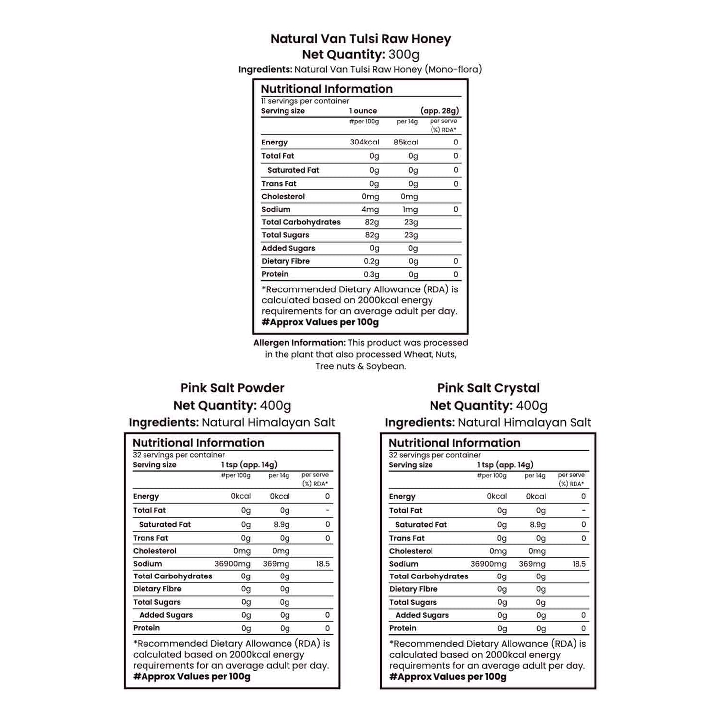 Barsana Magic and Nutritional information labels for Natural Van Tuile Raw Honey, Pink Salt Powder, and Pink Salt Crystal on a white background.