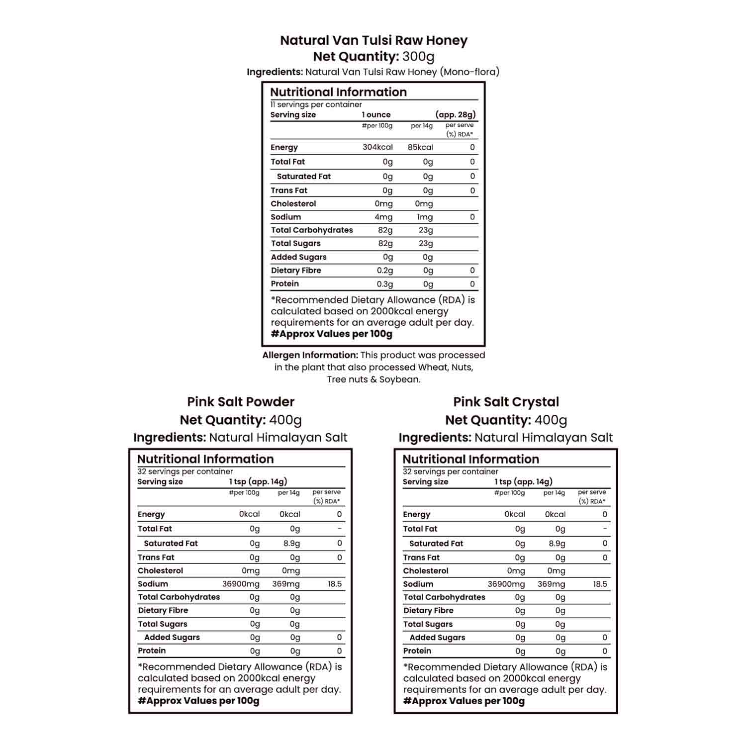 Barsana Magic and Nutritional information labels for Natural Van Tuile Raw Honey, Pink Salt Powder, and Pink Salt Crystal on a white background.