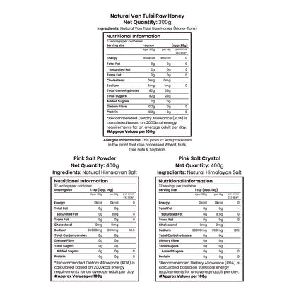 Barsana Magic and Nutritional information labels for Natural Van Tuile Raw Honey, Pink Salt Powder, and Pink Salt Crystal on a white background.