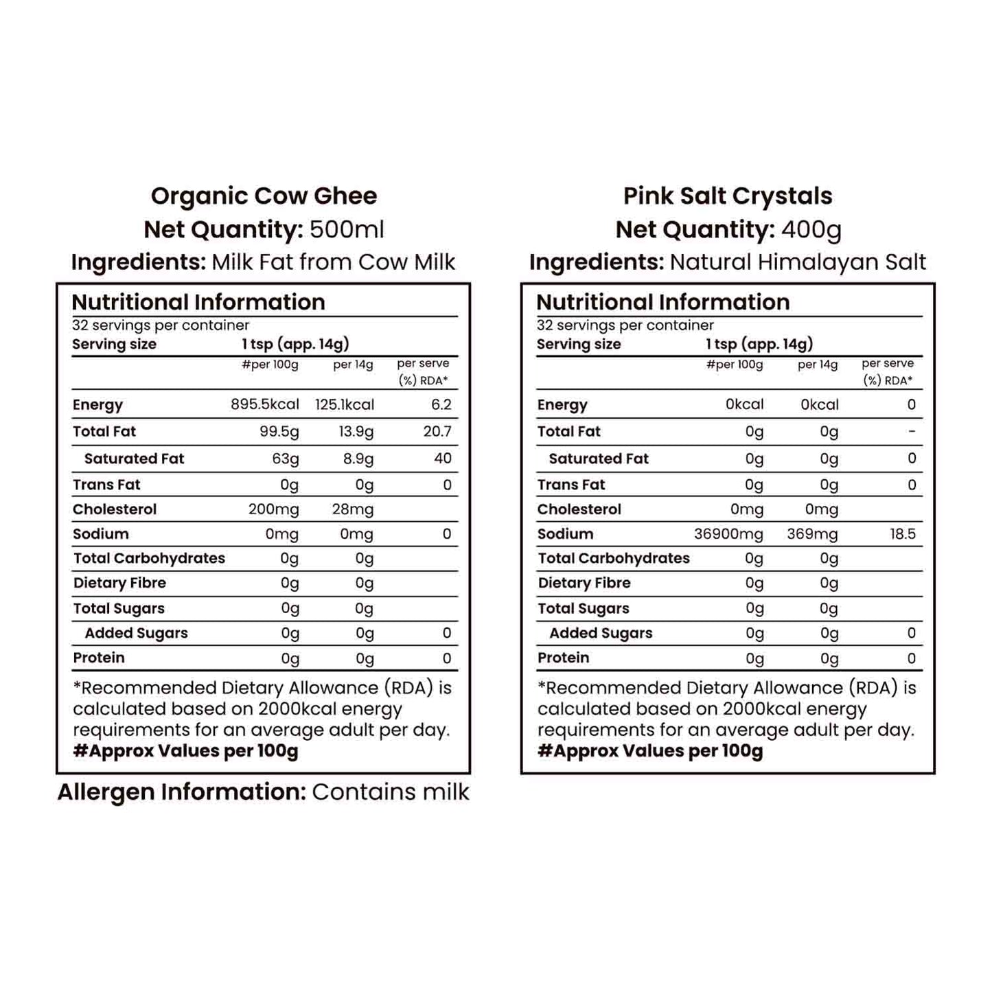 Barsana Magic and Nutritional information labels for Organic Cow Ghee and Pink Salt Crystals on a white background.