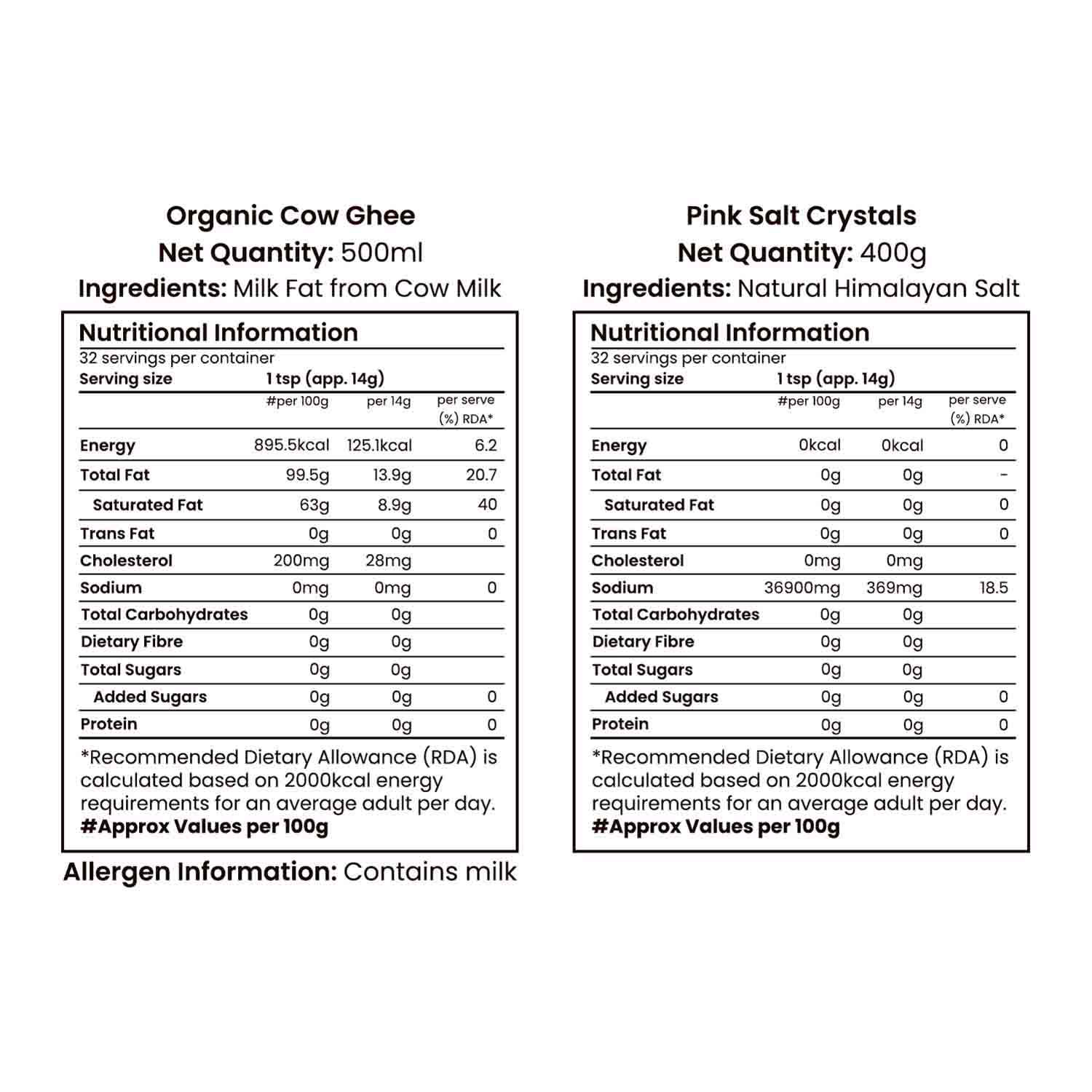 Barsana Magic and Nutritional information labels for Organic Cow Ghee and Pink Salt Crystals on a white background.