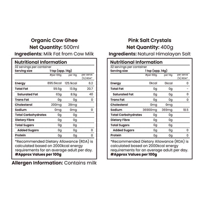 Barsana Magic and Nutritional information labels for Organic Cow Ghee and Pink Salt Crystals on a white background.