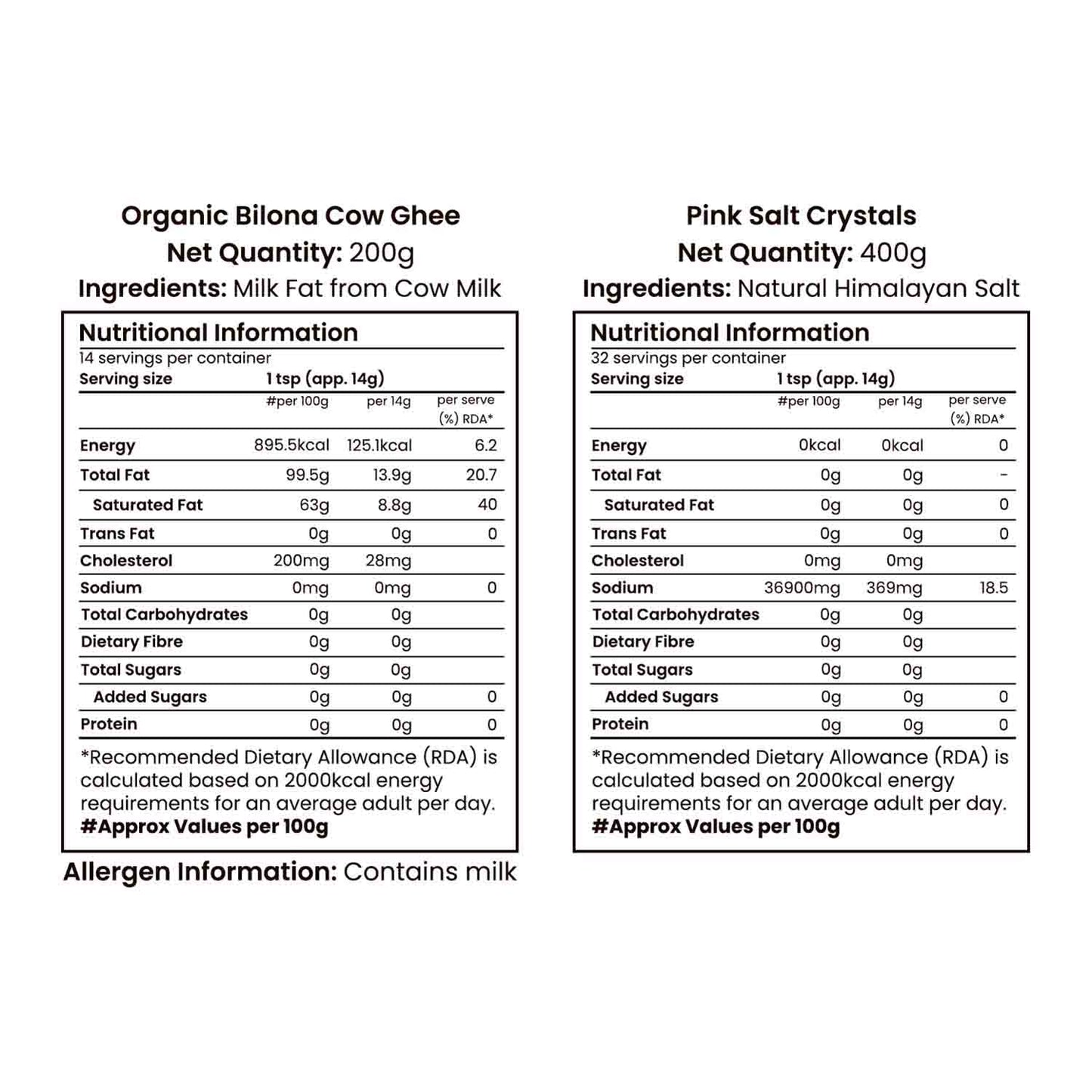 Barsana Magia and  Nutritional information labels for Organic Bilona Cow Ghee and Pink Salt Crystals on a white background.