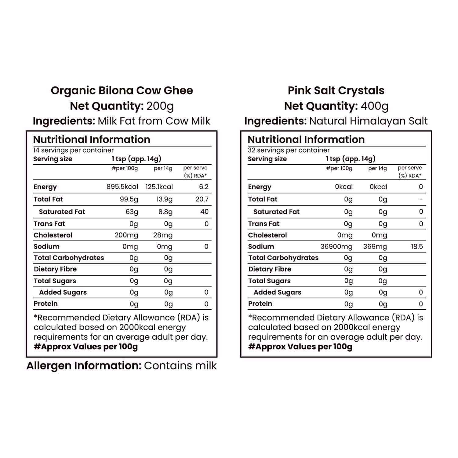 Barsana Magia and  Nutritional information labels for Organic Bilona Cow Ghee and Pink Salt Crystals on a white background.