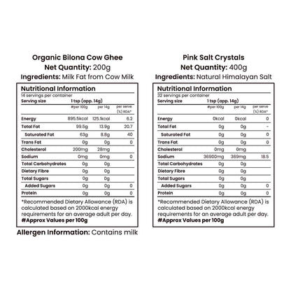 Barsana Magia and  Nutritional information labels for Organic Bilona Cow Ghee and Pink Salt Crystals on a white background.