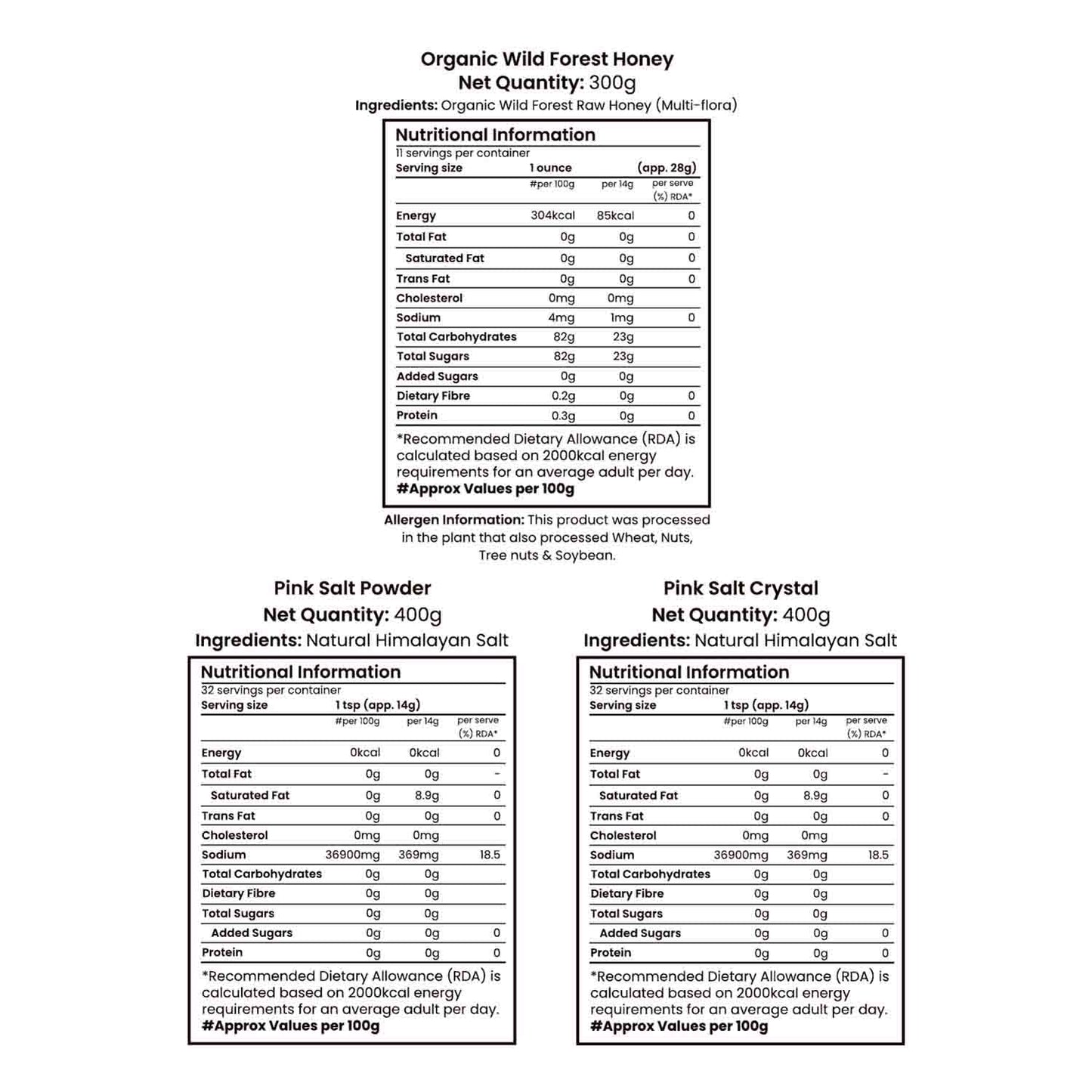 Barsana Magic and Nutritional information labels for Organic Wild Forest Honey, Pink Salt Powder, and Pink Salt Crystal on a white background.