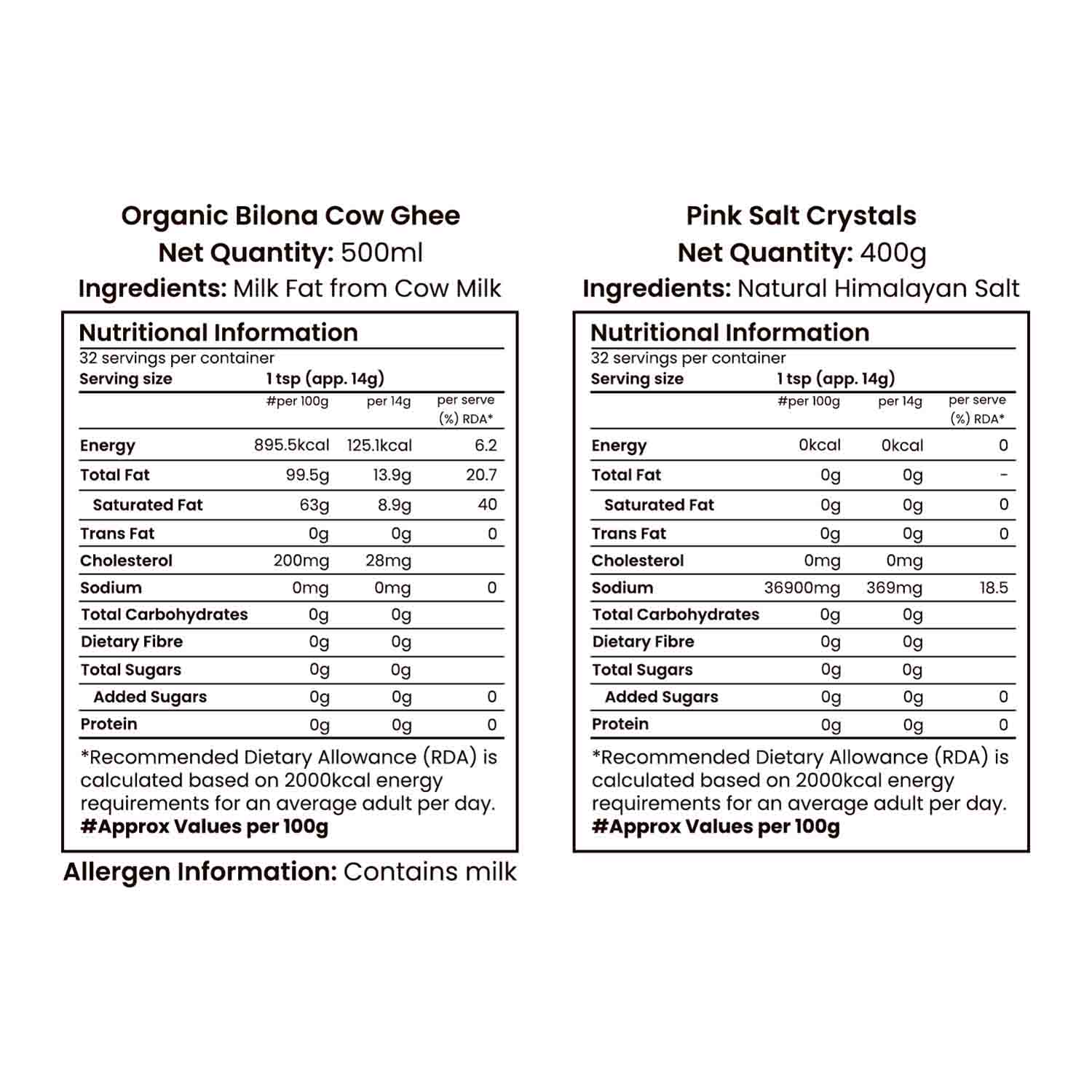 Barsana Magic and  Nutritional information labels for Organic Bilona Cow Ghee and Pink Salt Crystals on a white background.