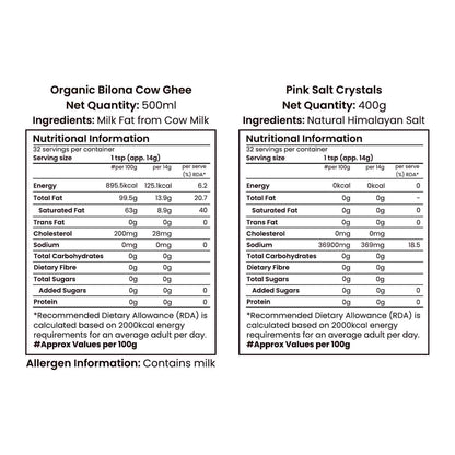 Barsana Magic and  Nutritional information labels for Organic Bilona Cow Ghee and Pink Salt Crystals on a white background.