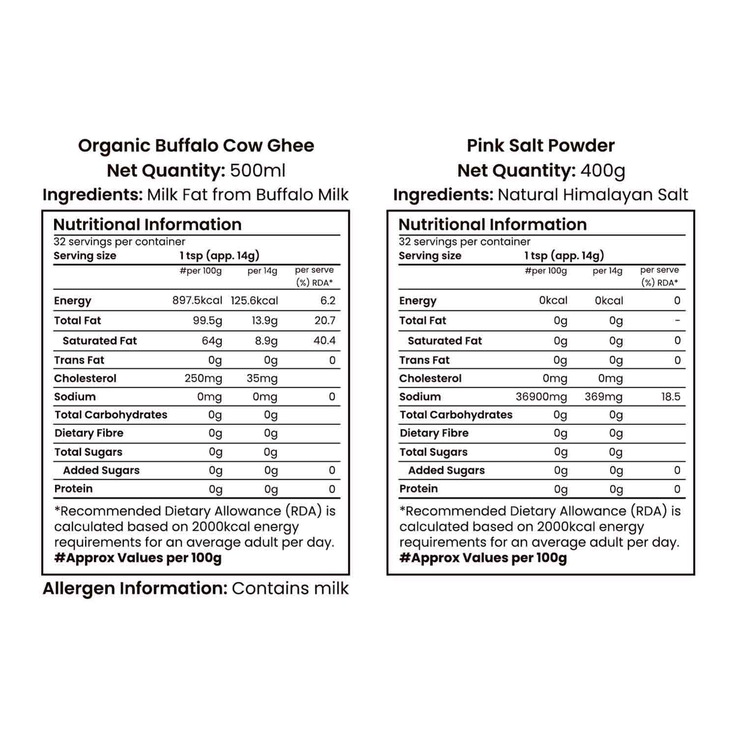 Barsana Magic and Nutritional information labels for Organic Buffalo Cow Ghee and Pink Salt Powder on a white background.